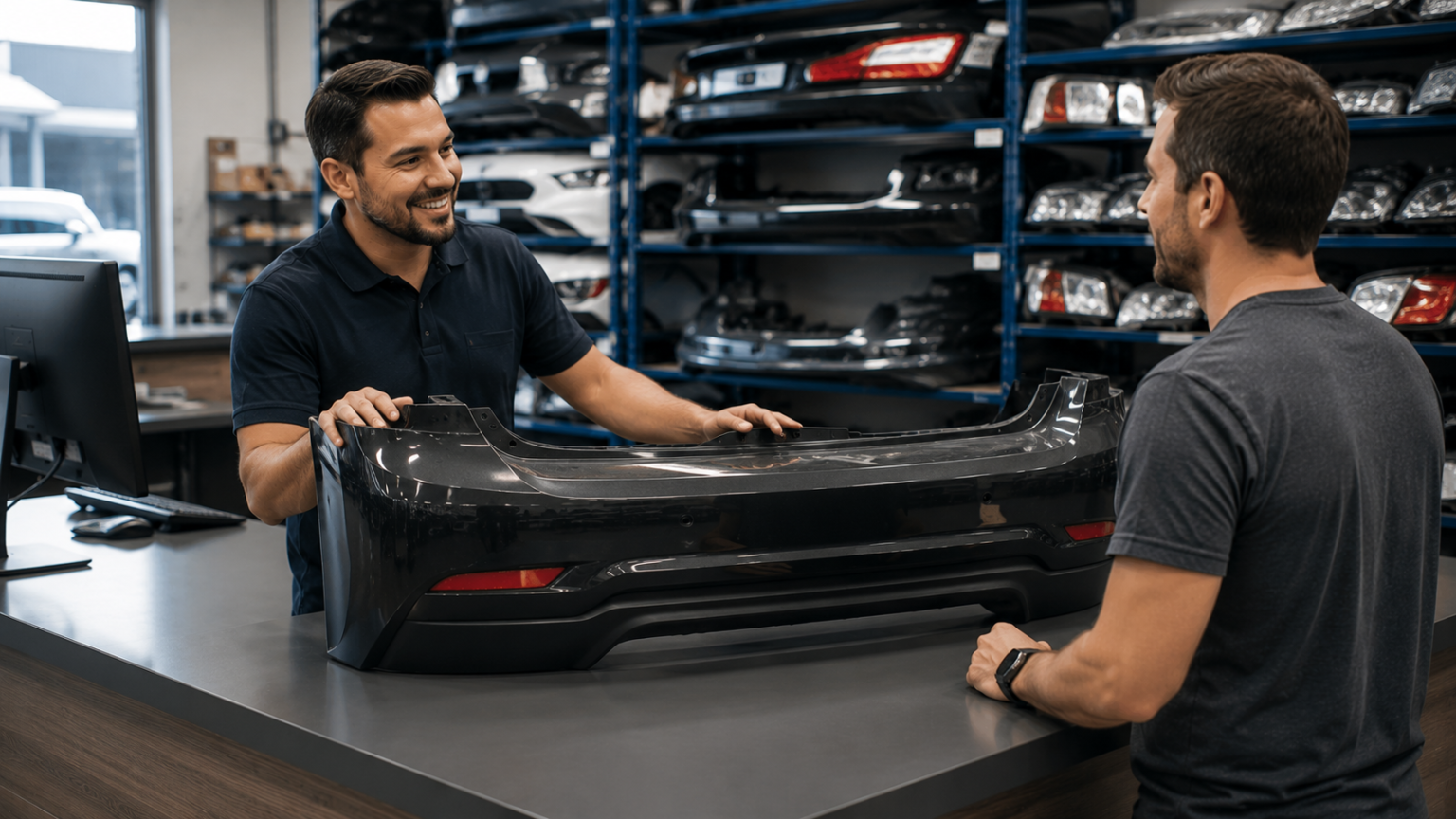 Cliente sendo atendido em distribuidora de peças automotivas enquanto avalia parachoque traseiro, destacando confiança, atendimento especializado e qualidade em autopeças.