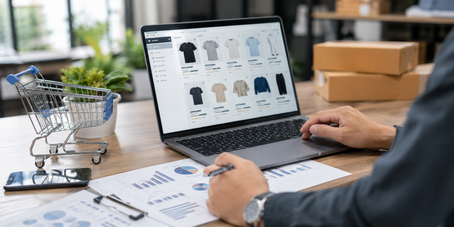 SEO para E-commerce: Dicas para Aumentar suas Vendas Orgânicas: Por que contar com uma empresa de SEO faz a diferença Profissional analisando métricas de vendas e desempenho SEO de loja virtual em notebook com produtos de e-commerce e gráficos estratégicos sobre mesa de trabalho moderna