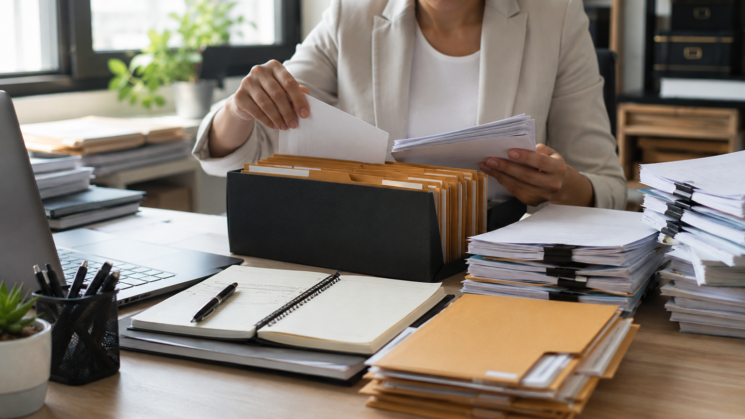 Servidora organizando documentos, provas e registros em escritório moderno para protocolar um requerimento administrativo, representando a importância da preparação documental e da organização das evidências para fortalecer a solicitação administrativa.